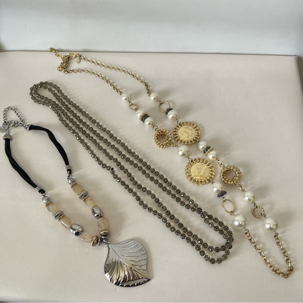 Chico’s Chunky Statement Necklace Silver Pearl Gold Tone Long Strand Set of 3